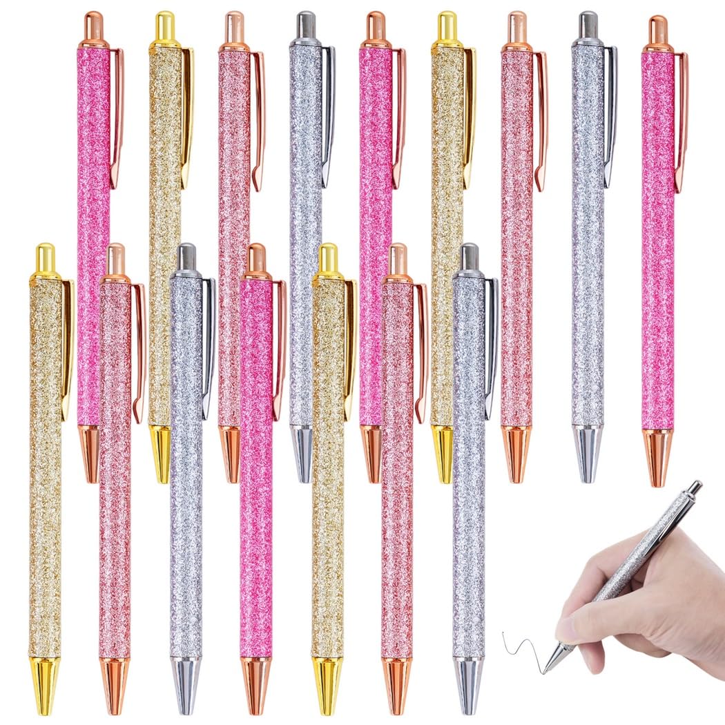 Générique Stylos bille scintillants, lot de 16, stylos en métal couleur or rose avec mécanisme rétractable, pour journal intime, bureau et cadeau, encre noire, pointe moyenne 1 mm, 4 couleurs