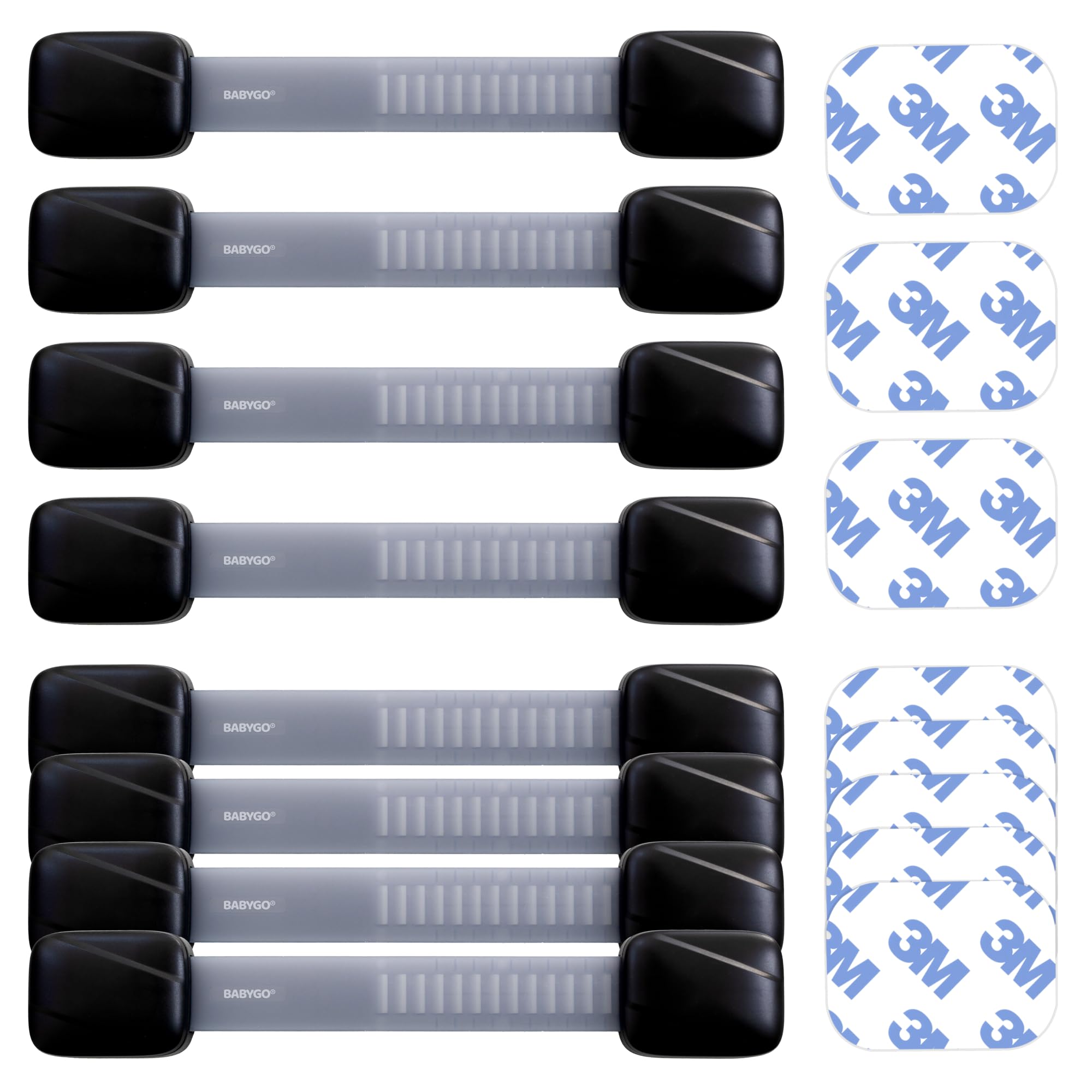 BABYGO BABYGO® Child Safety Cupboard Locks for Children with Smart Unlock for Kitchen (8 Pack) | Adjustable Straps | Baby Proof Your Home in 30 Seconds Black