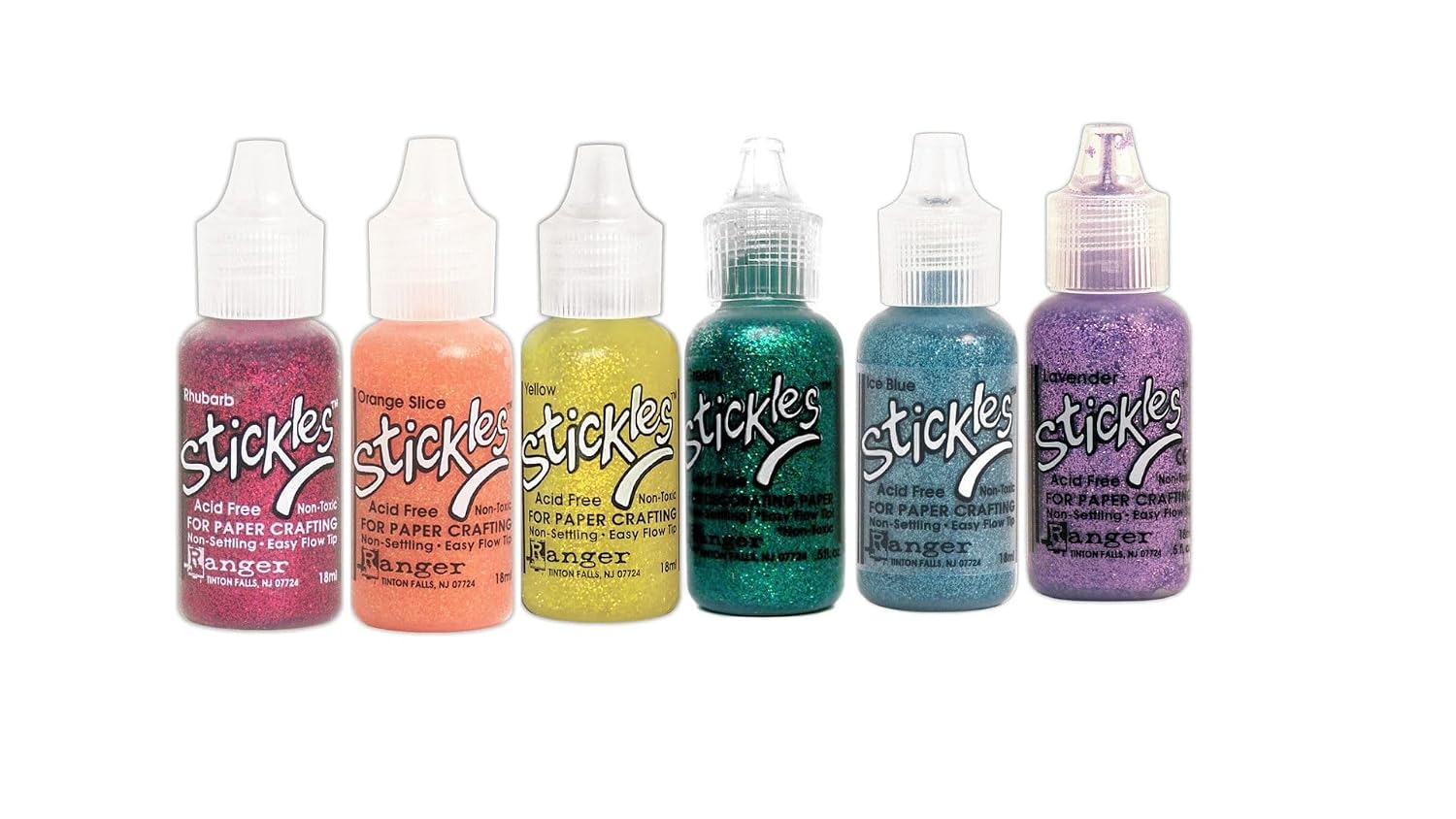 Ranger Stickles Glitter Glue Rainbow Bundle - Six .5 fl oz Bottles - Rhubarb, Orange Slice, Yellow, Green, Ice Blue, Lavender