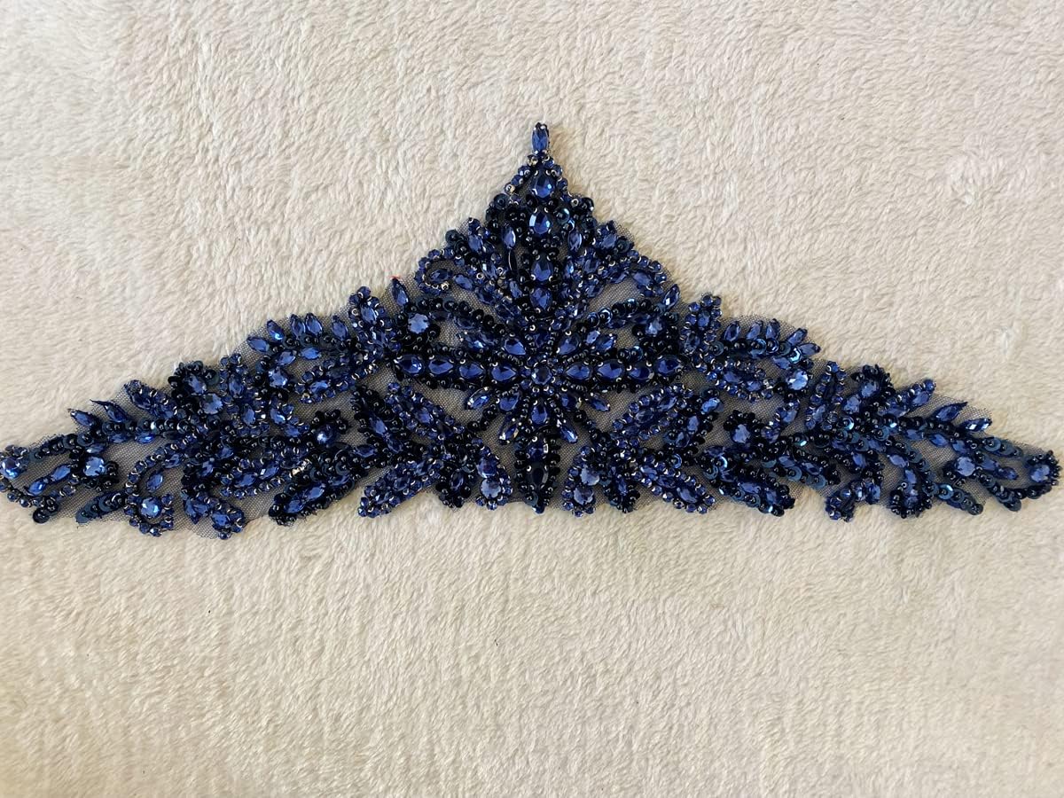 Handmade Rhinestones lace Applique sew on Beads Sequins Patches Accessories for Dress Clothing Waist Trim (Deepblue)