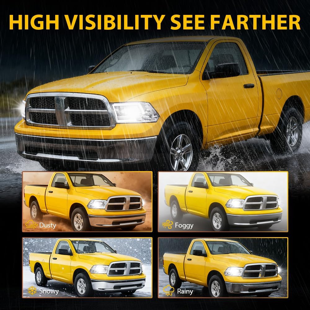 PIT66 LED DRL Front Headlights Assembly Headlamp Compatible with Dodge Ram 1500 2500 3500 2009-2012 ONLY FIT 2009 and Above Models (New Body Style) Clear Lens Black Houing Clear Reflector