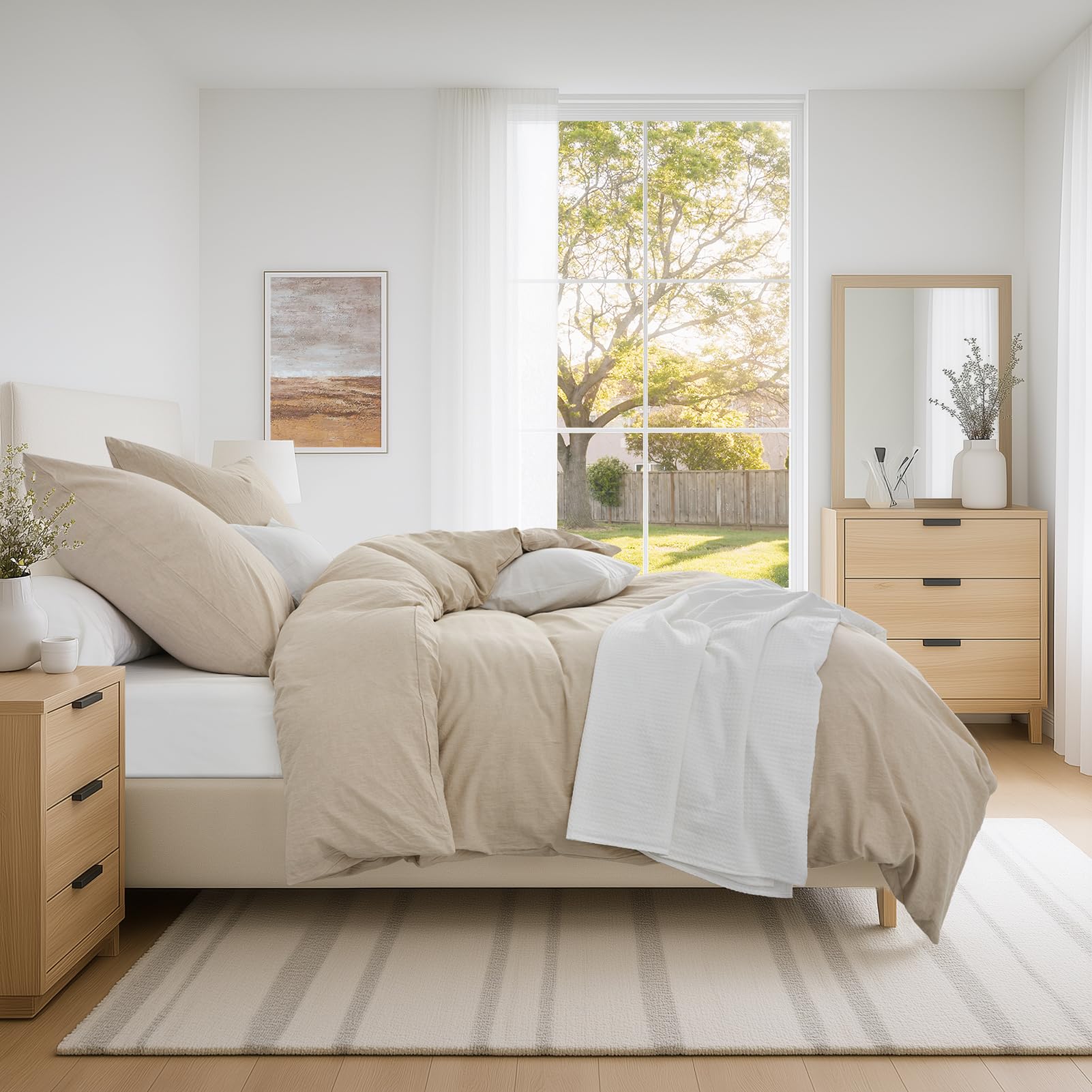Bettwäsche 135x200 Baumwolle 4teilig Beige Superweiche 100% Vorgewaschene Baumwolle mit Leinenstruktur ÖKO-TEX Bettwäsche 4teilig 2 Bettbezüge 135x200+2 Kissenbezüge 80x80 mit Reißverschluss