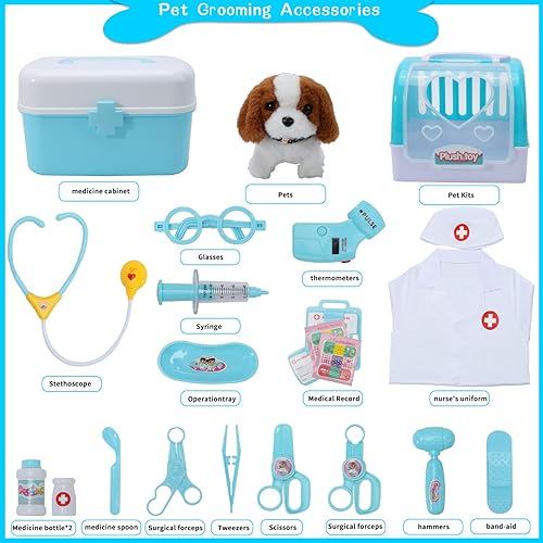 Miniatura 5 de Kit médico para niñas, juegos de veterinarios para niños, juego de simulación con perro eléctrico interactivo y jaula, kits médicos, juguetes