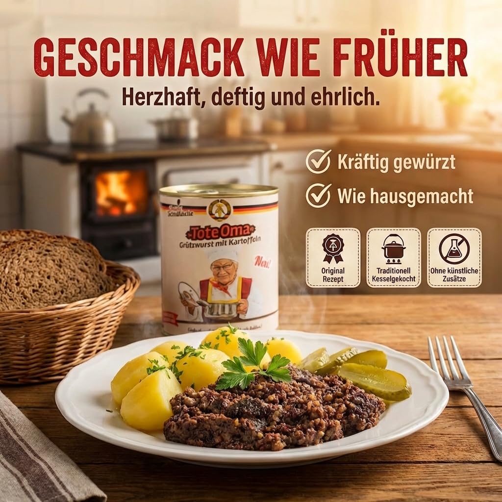 Schulküche 12x Tote Oma - Grützwurst mit Kartoffeln - DDR Fertiggericht | Original DDR Rezeptur ohne künstliche Zusätze, handgemacht im Kessel, inkl. Kochbuch & Grußkarte für Ostalgie Fans