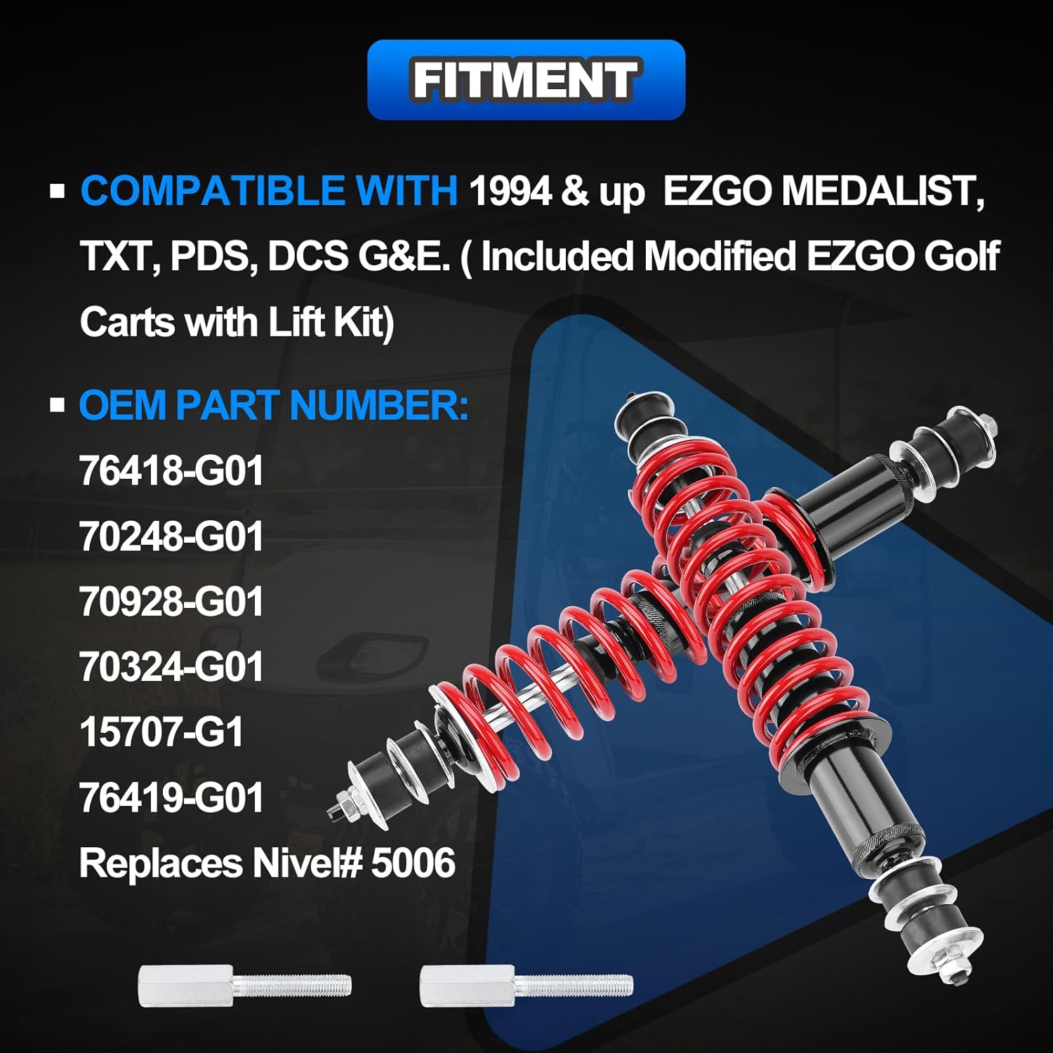 70928-G01 Front/Rear Shock Absorber Kit with Heavy Duty Coil Springs Compatible with 1994-up EZGO Medalist/TXT Gas & Electric Golf Carts Replaces# 76418-G01,70324-G01,76419-G01（RED）