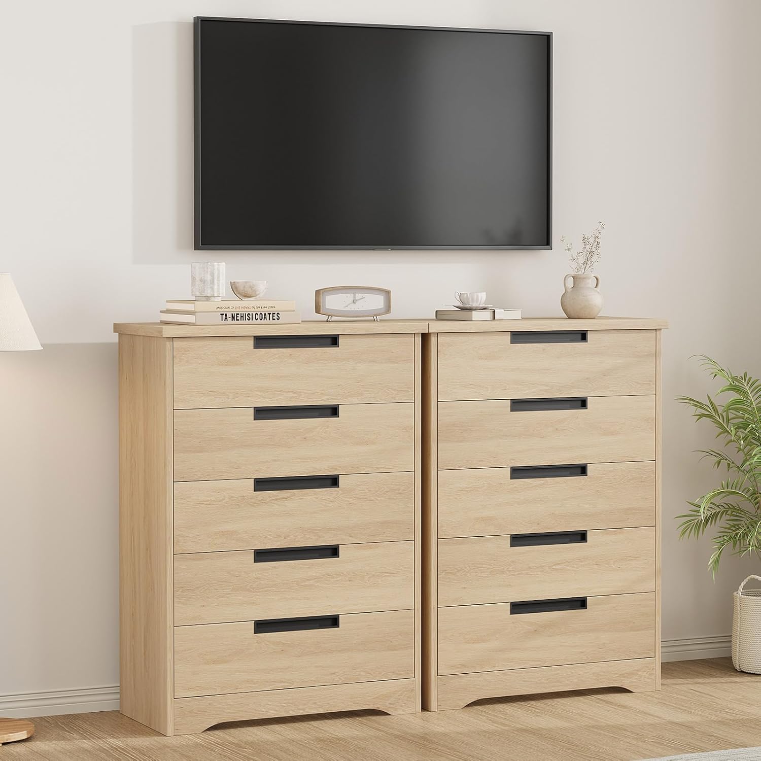 GarveeHome 5 Drawer Dresser for Bedroom, Natural Oak Chest of Drawers with Built-in Handles, Modern Wood Closet Dresser for Living Room, Nursery, Hallway & Entryway