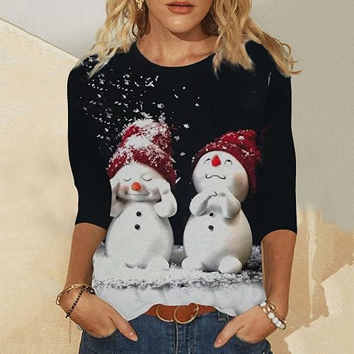 Miniatura 4 de Camiseta de moda para mujer, linda camisa diaria de manga 34, cuello redondo, casual, con estampado navideño