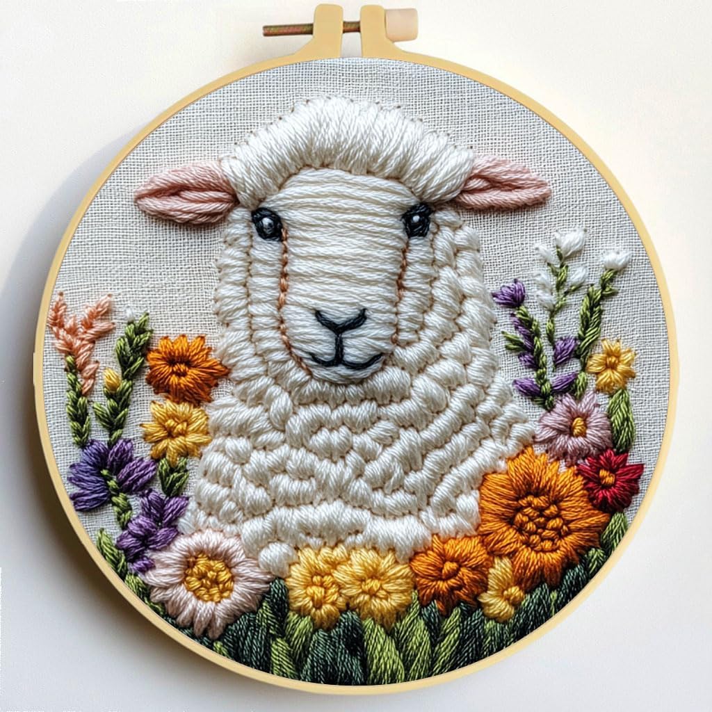 Punch Needle Kits A Sheep in Flowers 20x20cm-1