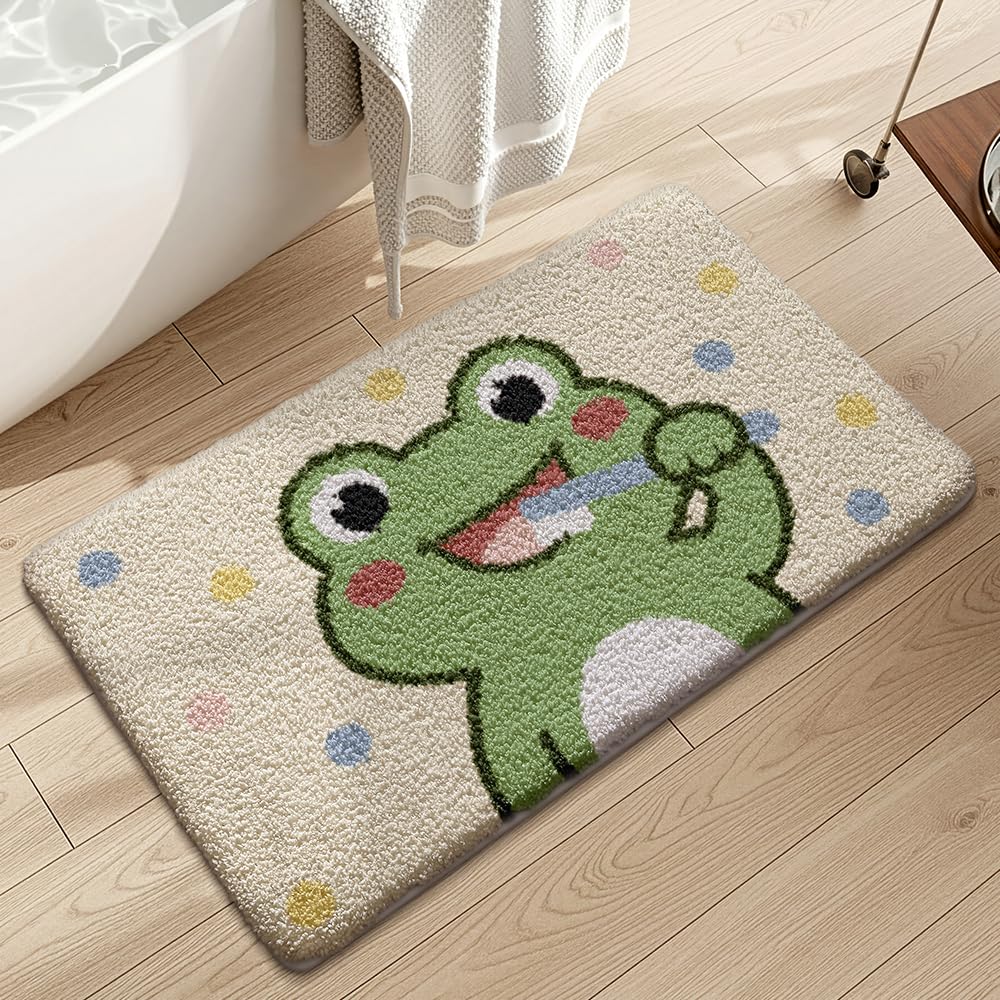 Ankah Bath Mat Cute Shower Rug, Luxury Shaggy High Absorbent and Anti Slip, Machine Washable Fit for Bathtub, Shower and Bath Room, 17.71"x 25.59", Brushing Frog Brushing Frog 1'6" x 2'2" (Rectangular)