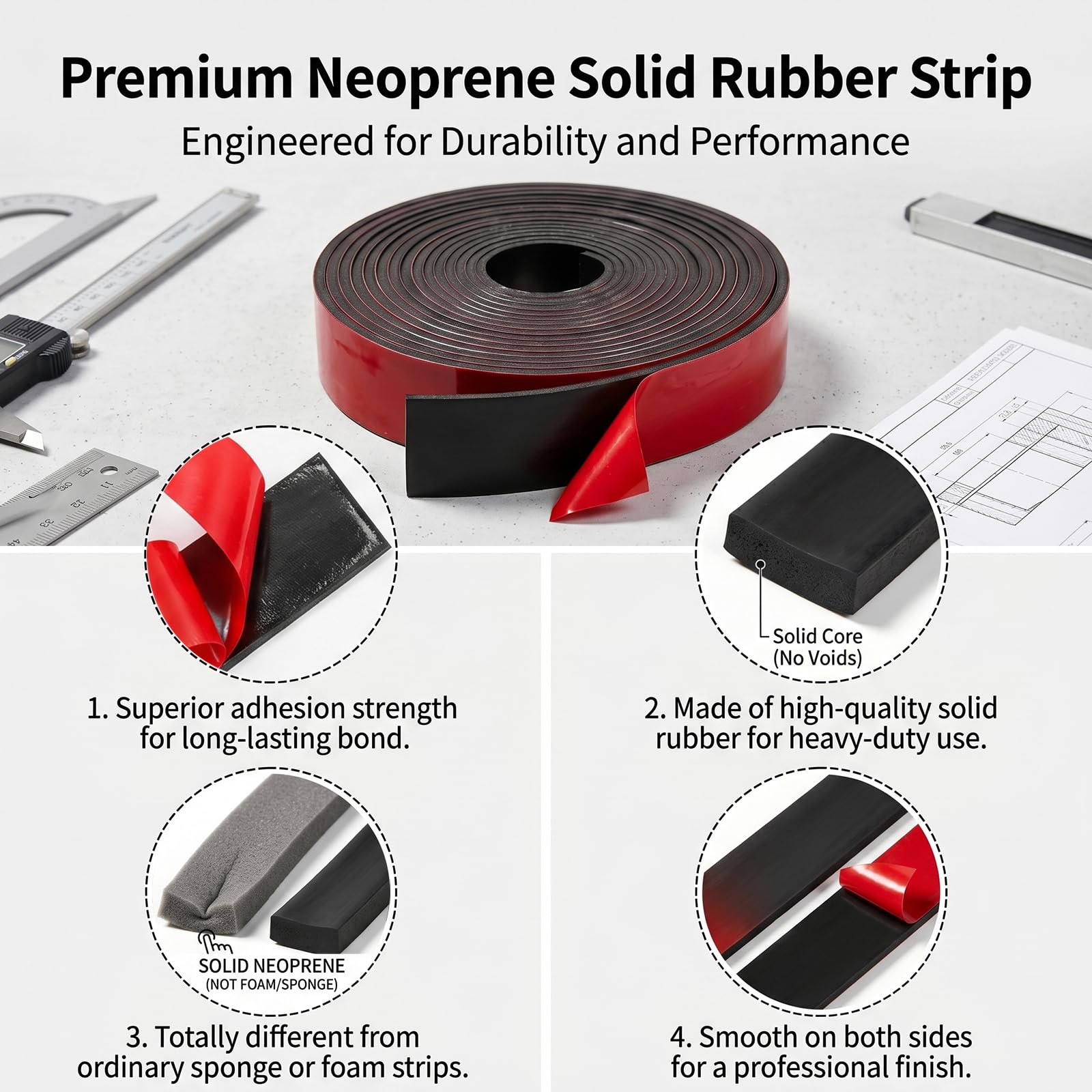 Gummistreifen Selbstklebend, Neopren Gummimatte Gummiplatte, Neopren Gummidichtung - Vollgummi Gummiprofil für Dichtungen, Bodenschutz, Anti-Vibration, Anti-Rutsch, DIY – 50mm(W) x 2mm(T) x 3.5m(L)