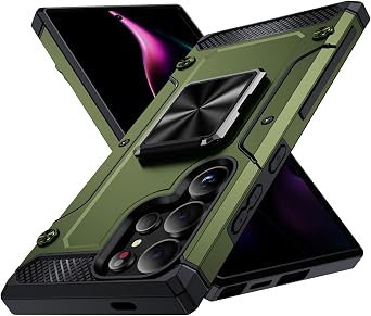 Military Grade Protection Case for Samsung Galaxy S24 Ultra With Ring Kickstand Metal Holder - Shockproof Phone Case Olive Green