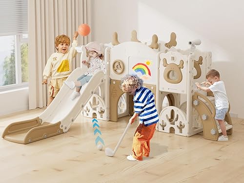 YUFU Tobogán infantil 13 en 1 para niños pequeños, juego de tobogán con golf, tabla de dibujo, escalador, aro de baloncesto y espacio de