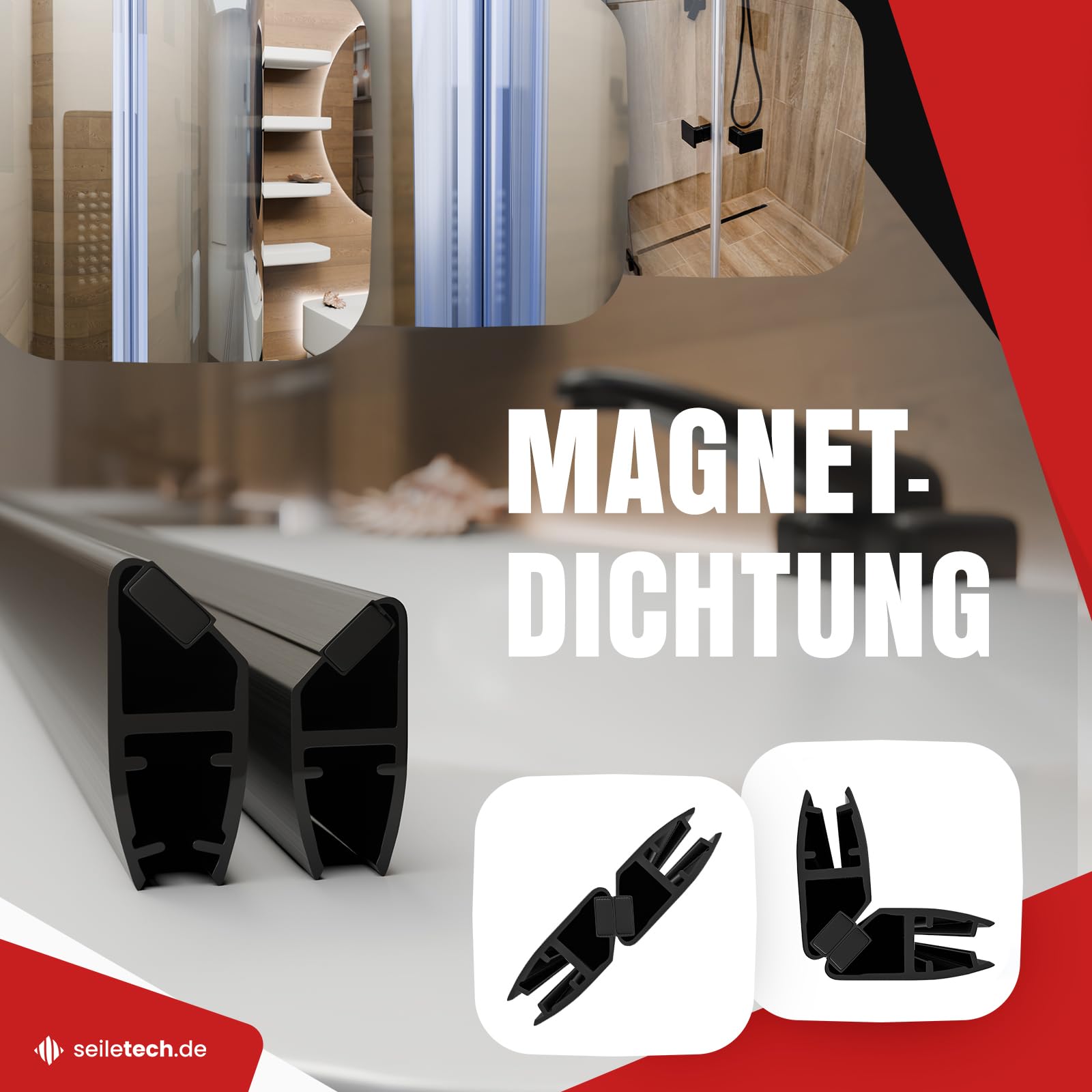 Junta magnética UM02 – 2 x 2 m – Junta para puerta de cristal de 6 mm 7 mm 8 mm – parte trasera – perfil repelente al agua – Junta de ducha – mampara de ducha – con borde de goma