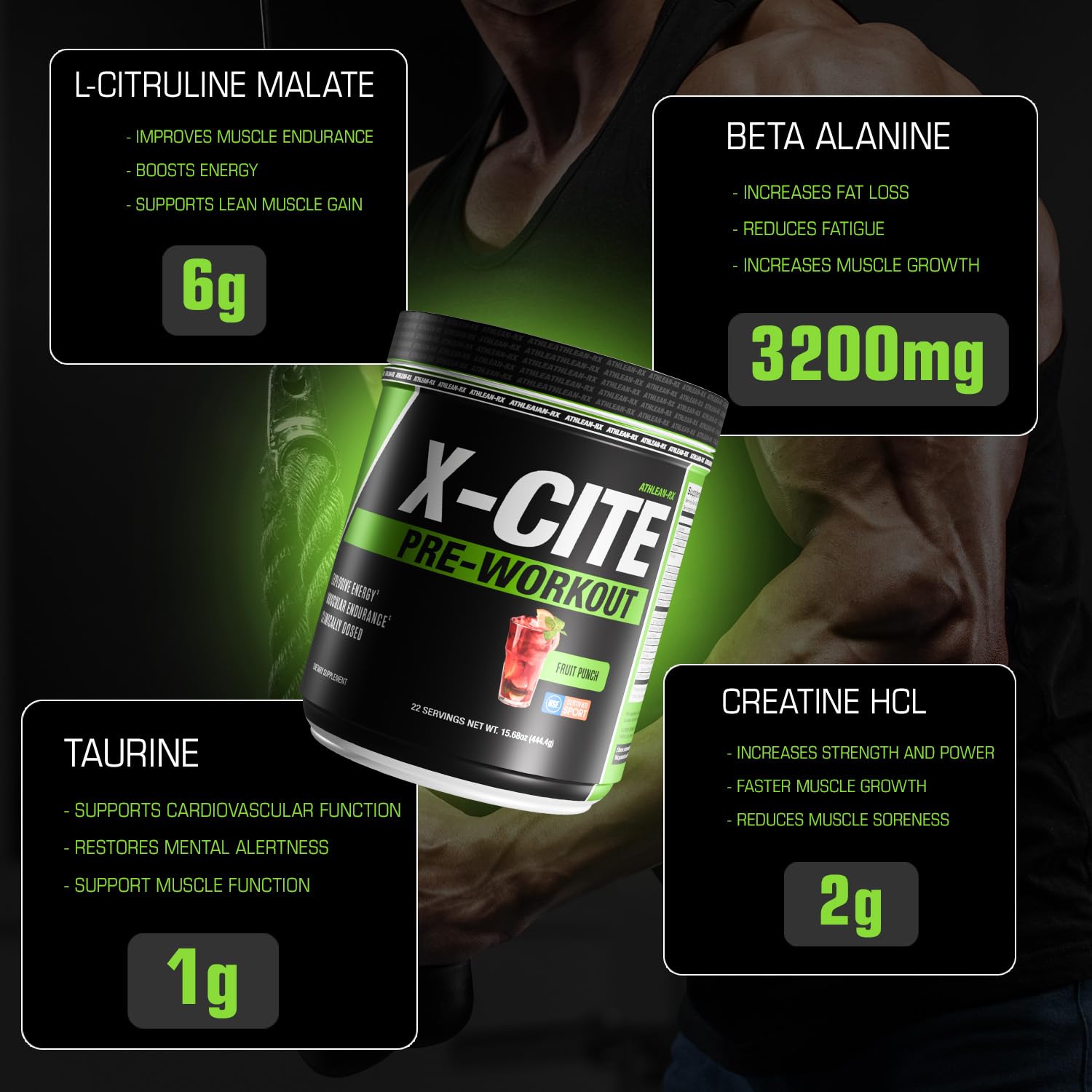 X-CITE Pre-Workout by ATHLEAN-X - Enhanced Formula with Beta-Alanine, Creatine & Caffeine for Ultimate Energy, Endurance, Focus & Muscle Pump, NSF Certified for Sports (Fruit Punch) — Amazon image 2