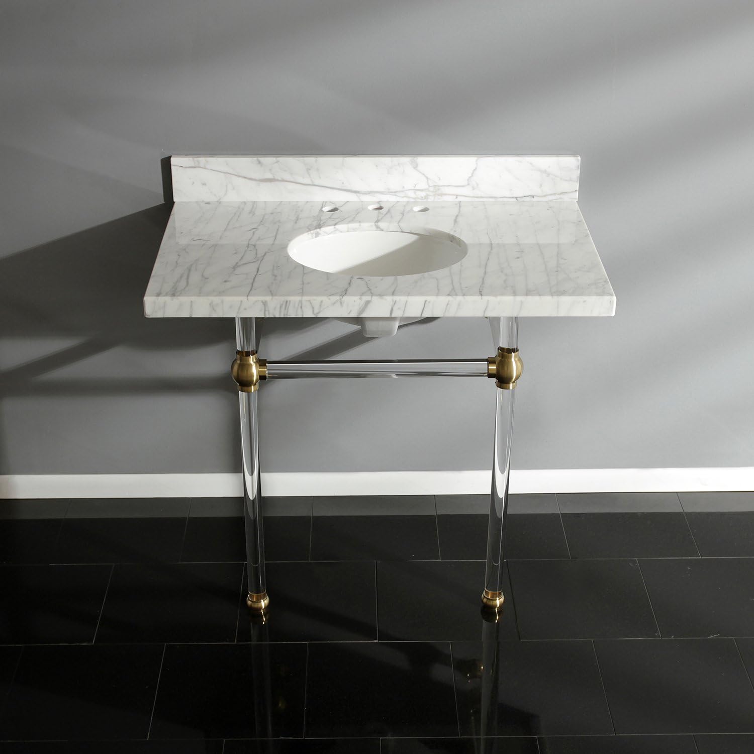 Fauceture KVPB3630MA7 Templeton Carrara Marble Bathroom Console Vanity with Acrylic Pedestal, Carrara Marble/Brushed Brass