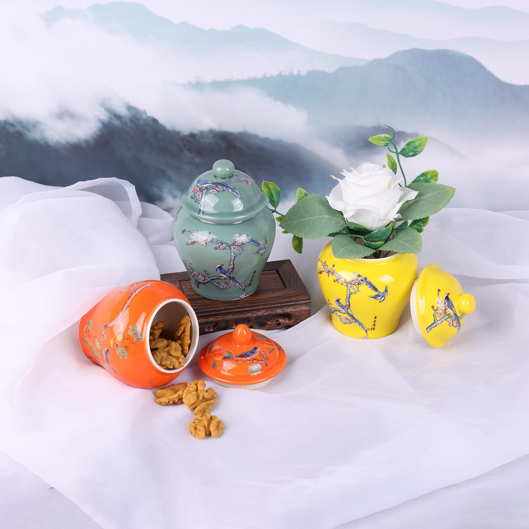 XINGYAN Lot de 3 pots à gingembre en porcelaine bleue et blanche