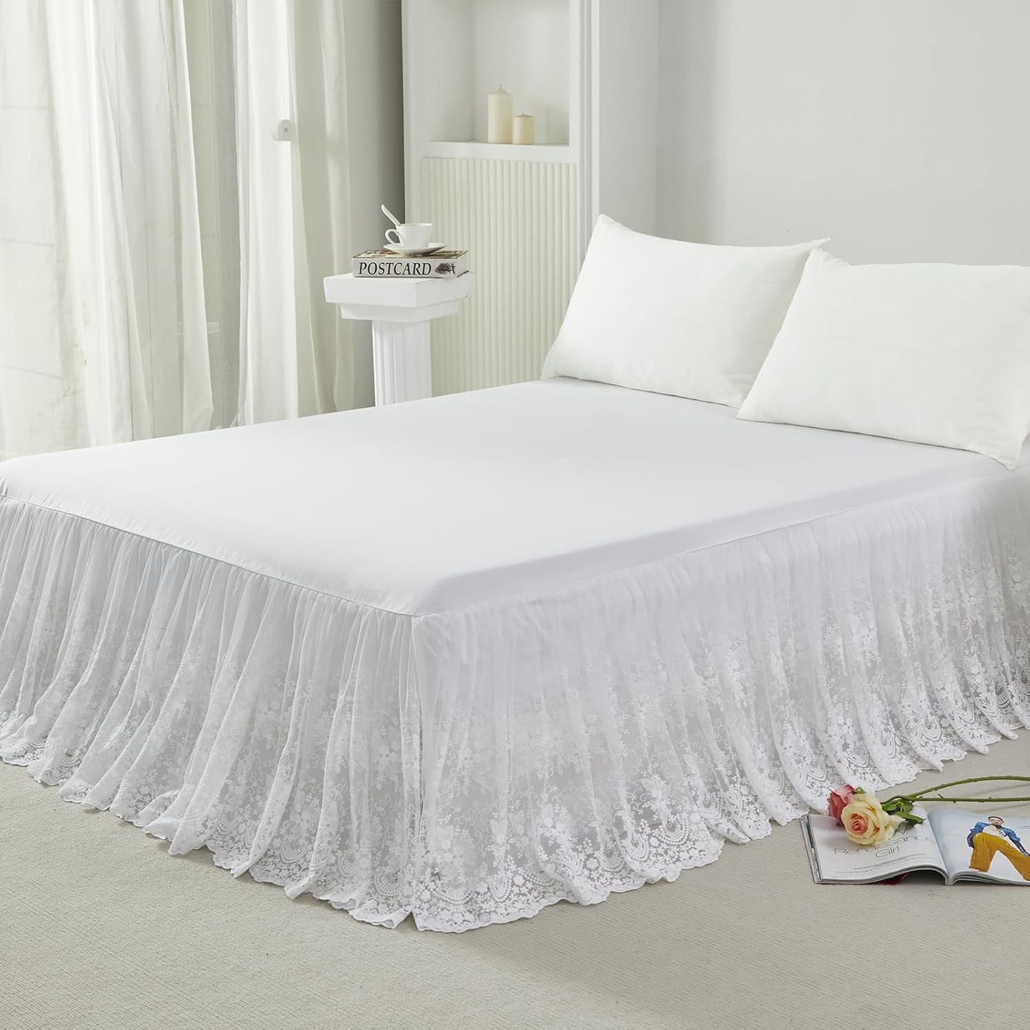 Brandream Luxury White Lace Bed Skirt 18 Inch Drop King Size – Heirloom Floral Lace, Double Layer Cotton, Romantic Cottage Farmhouse Premium Boutique Bed Skirt