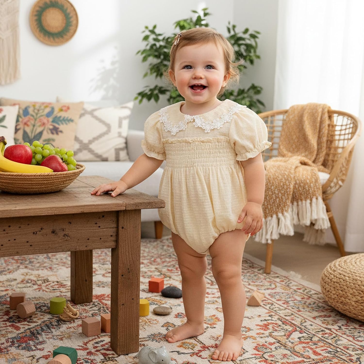 Kavousa Baby Girl Summer Outfits Newborn Flower Embroidered Eyelet Ruffled Hem Short Sleeve Romper and Bow Headband Set