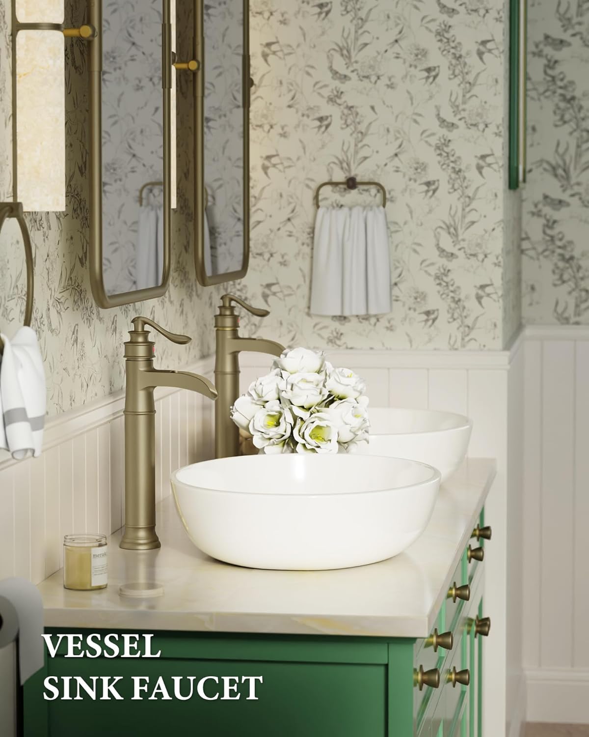 Homevacious Vessel Sink Faucet Brushed Gold Waterfall Tall Bathroom Faucet Single Handle Single Hole Bowl Sink Faucet with Pop Up Drain Assembly and Water Supply Hose Commercial Lavatory Mixer Tap