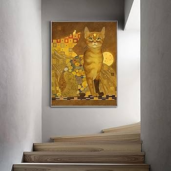 まるまるネコ　油絵 Amazon｜グスタフクリムト猫キャンバス絵画黄色のレトロな動物の