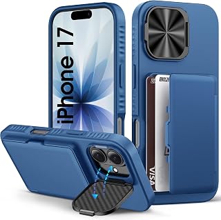 for iPhone 17 Case with Card Holder (3-5 Cards), Camera Cover Stand, Military Grade Protection, Shock Proof Heavy Duty Rugged Women Men Hard Wallet Phone Case for iPhone 17 6.3" 2025, Blue