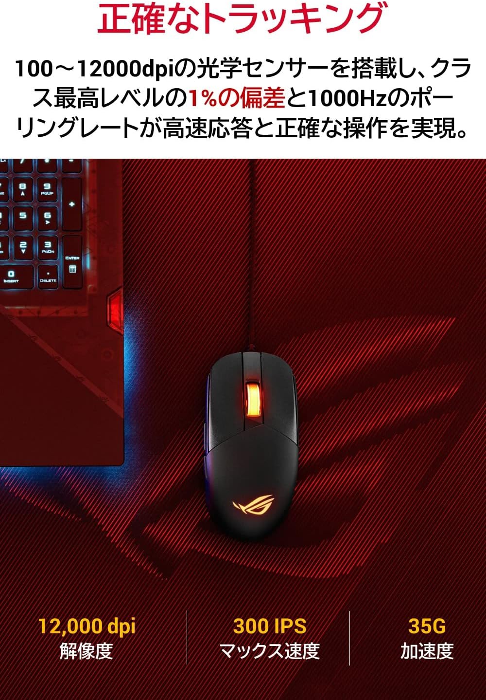 Underside of ASUS ROG Strix Impact III mouse showing DPI button and sensor