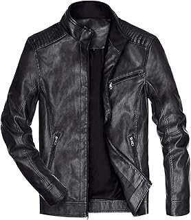 VICALLED Mens Leather Jacket Slim Fit Stand Collar PU Motorcycle Jacket Lightweight