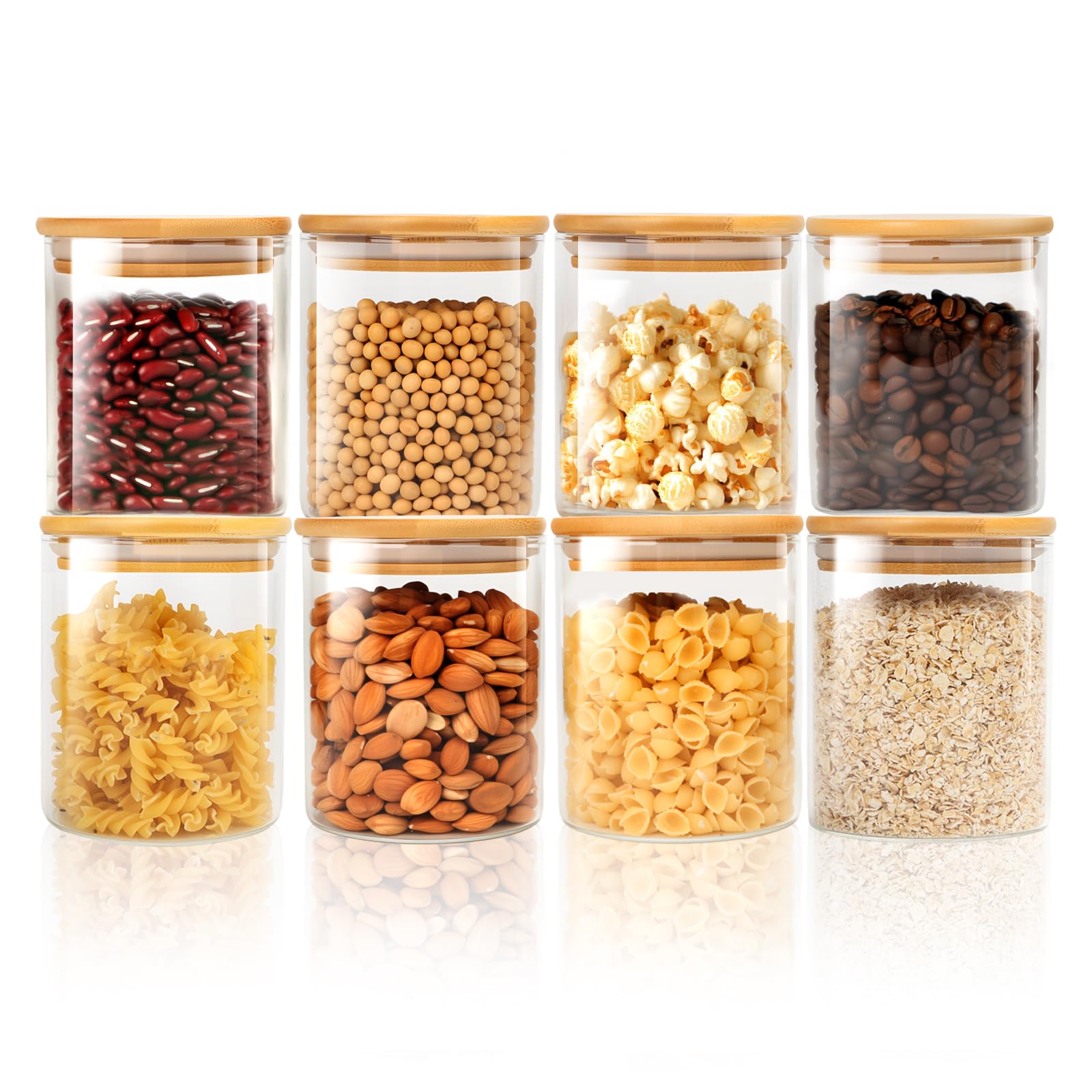 FoiiLiio Bocaux en verre de 500 ml Lot de 8 Bocal en verre avec Couvercle en Bambou Bocaux Rangement Cuisine en Verre, Pot en verre, Bocal en verre Hermétique pour Pâtes, Céréales, Haricots