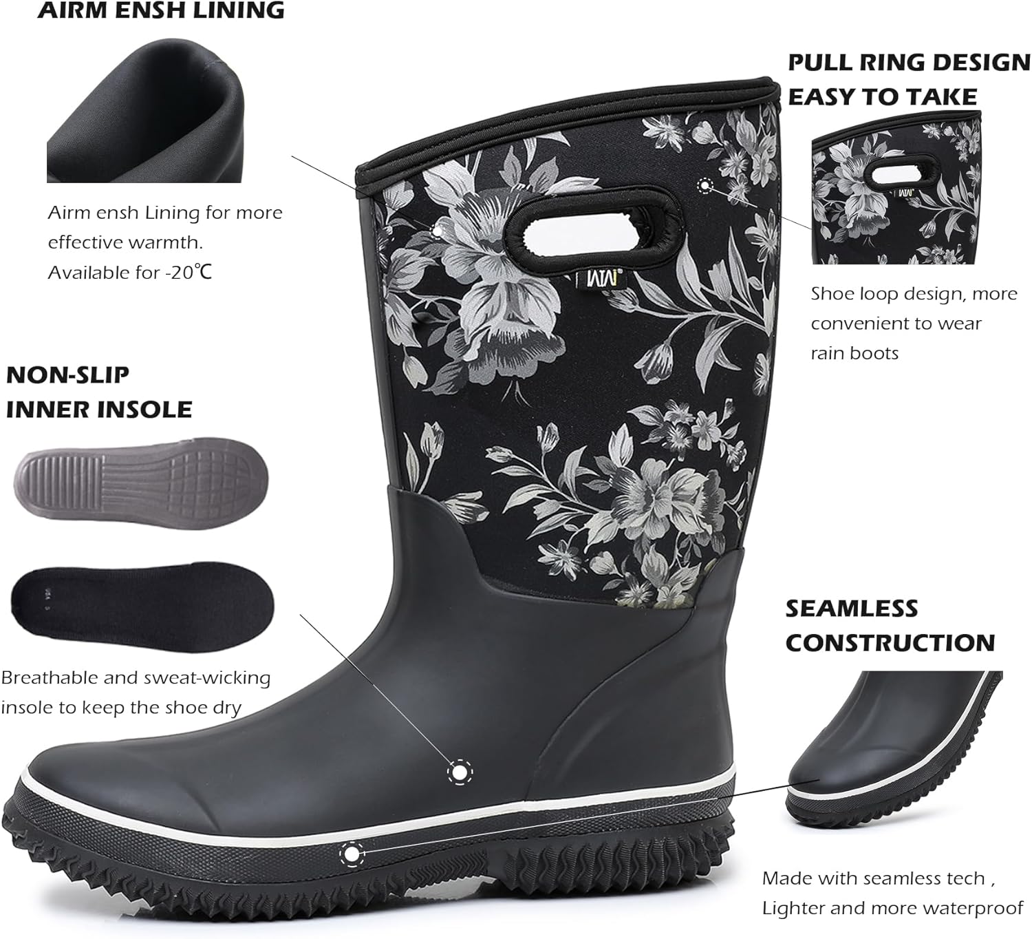 WTW Womens Mid Calf Rain Boots - Waterproof Insulated Neoprene Rubber Boots Mud Outdoor Hunting Garden Boots