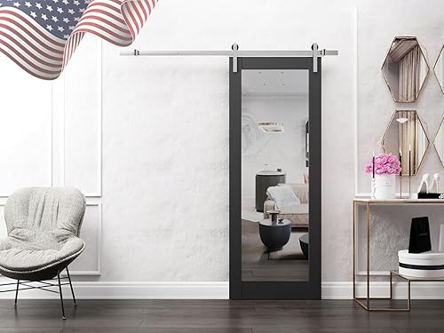 Miniatura 9 de SARTODOORS Puerta de granero resistente de 30 x 96 pulgadas | Lucia 1299 seda blanca con espejo | Juego pesado de perchas de acero inoxidable de 6.6