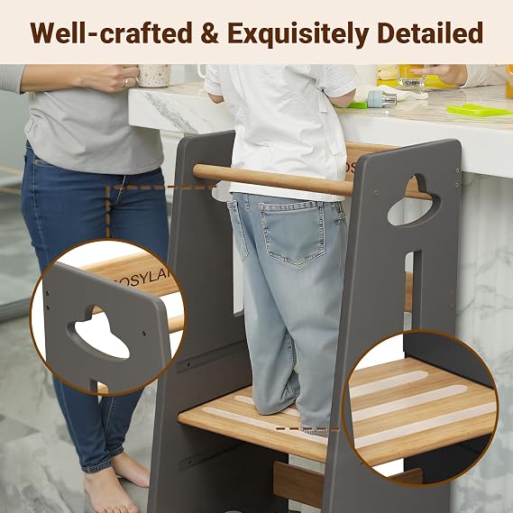 COSYLAND Toddler Standing Tower Height Adjustable - Toddler Kitchen Stool Helper Super Stable - Wooden Kids Learning Stool for Kitchen Toliet (Light Grey & Natural,Large)