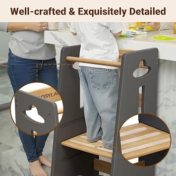 COSYLAND Toddler Standing Tower Height Adjustable - Toddler Kitchen Stool Helper Super Stable - Wooden Kids Learning Stool for Kitchen Toliet (Light Grey & Natural,Large)