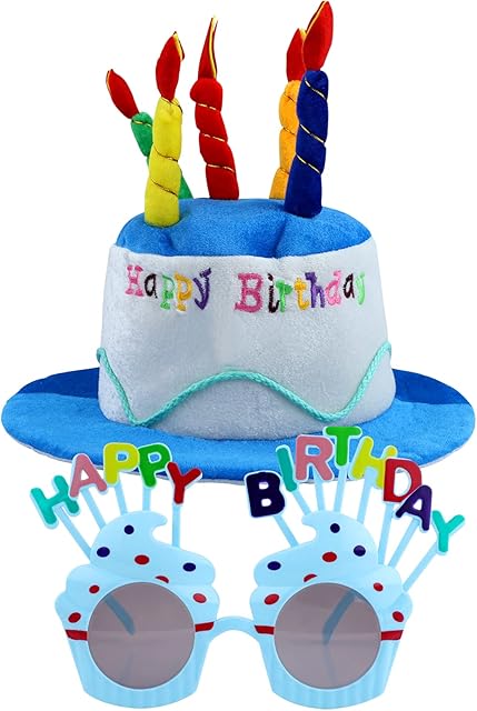 GLAITC Happy Birthday Hat,Birthday Hat with Birthday Glasses Plush Happy Birthday Cake Hat for Birthday Party Glasses for Girls Adults Party Decoration blue