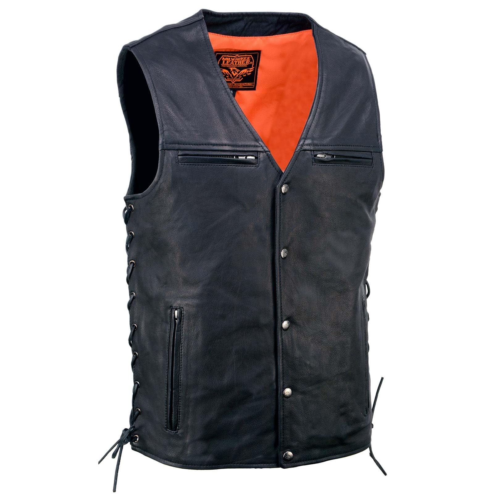 Milwaukee Leather MLM3517 Men's Black Premium Leather Classic V-Neck Side Lace Motorcycle Rider Vest - 7X-Large