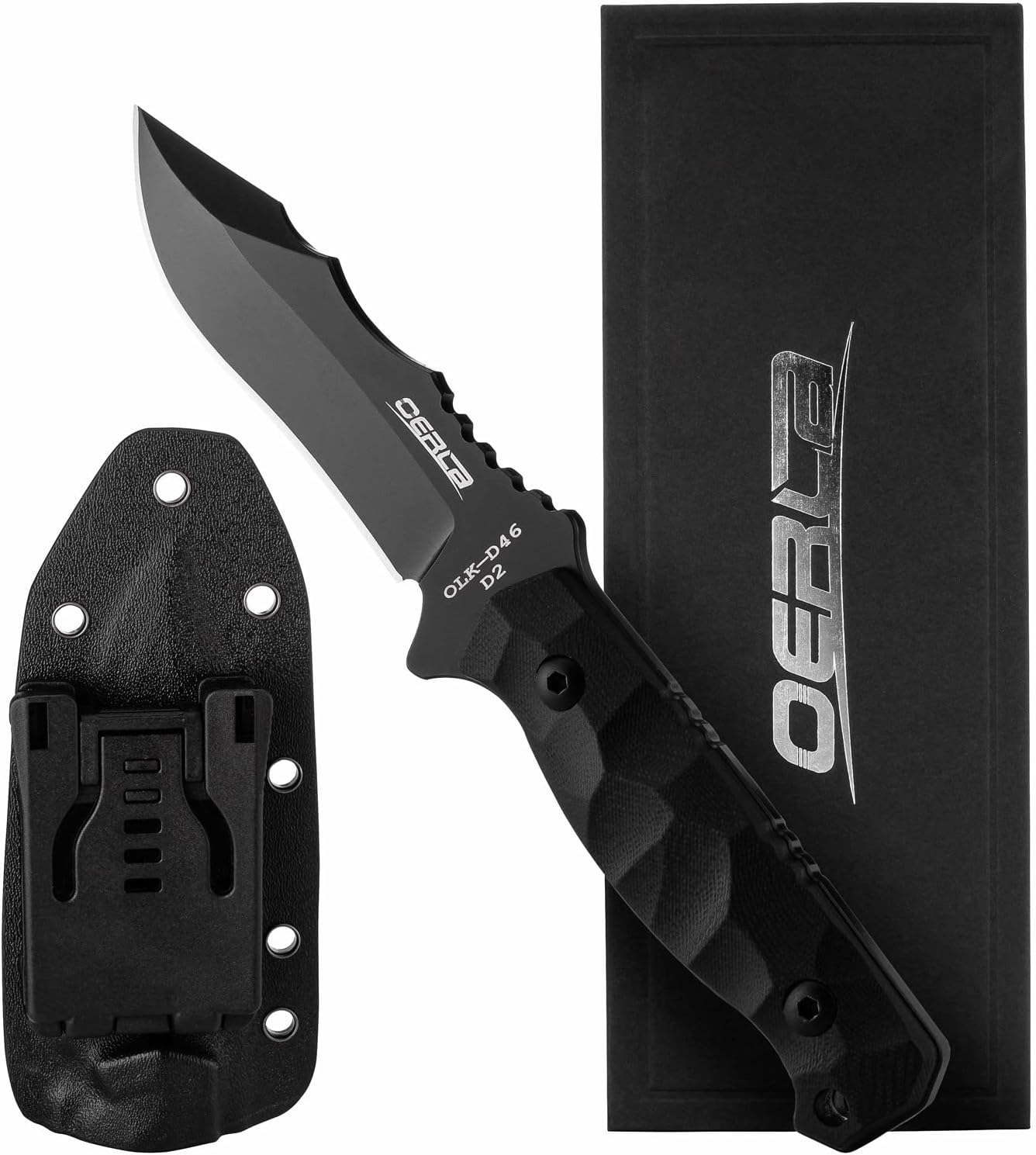 OERLA OLK-D46 Tactical Fixed Blade – D2 Steel Full Tang Survival Tool with Kydex Sheath & G10 Handle for Camping, Hunting, Bushcraft