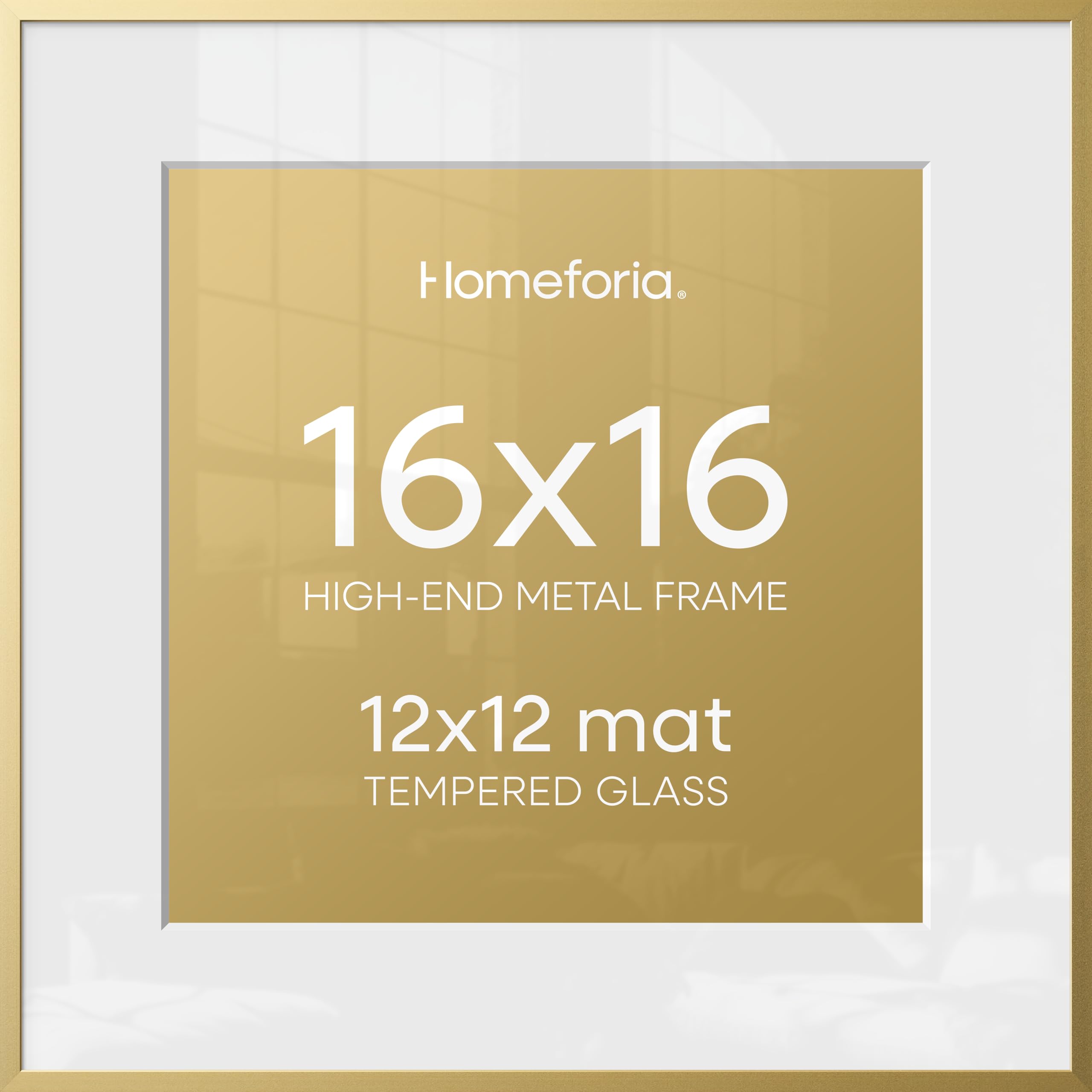 Homeforia 16x16 Picture Frame Gold, High End Metal 16 x 16 Square Poster Frame with Mat 12 x 12 Photo, 16x16 Frame Matted to 12x12 Print, 16by16 Gold Hanging Frames, Tempered Glass, Wall Kit, Set of 2