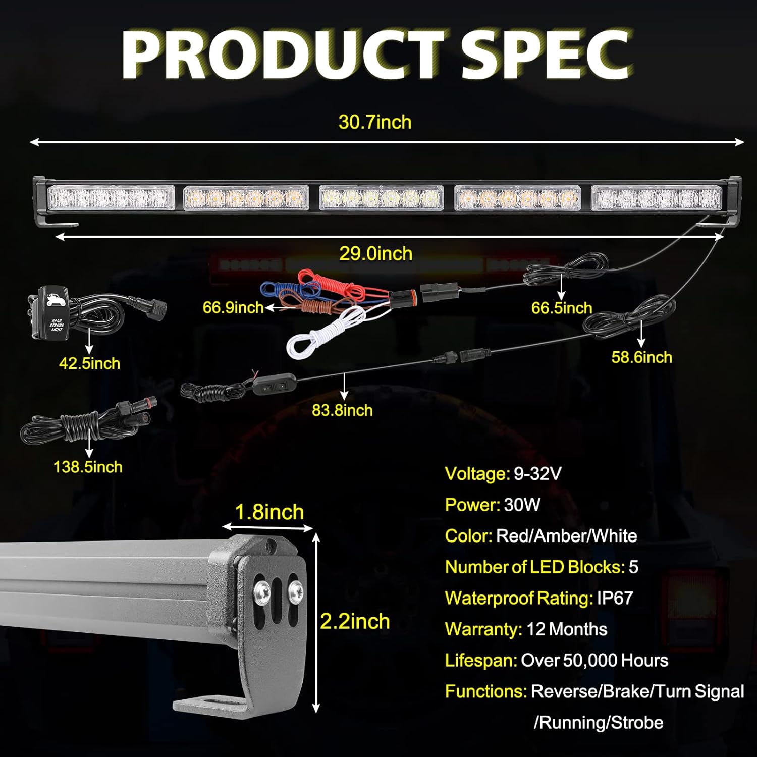 All In One 30" LED Chase Light Bar W/Brake Reverse Chase Light Fits