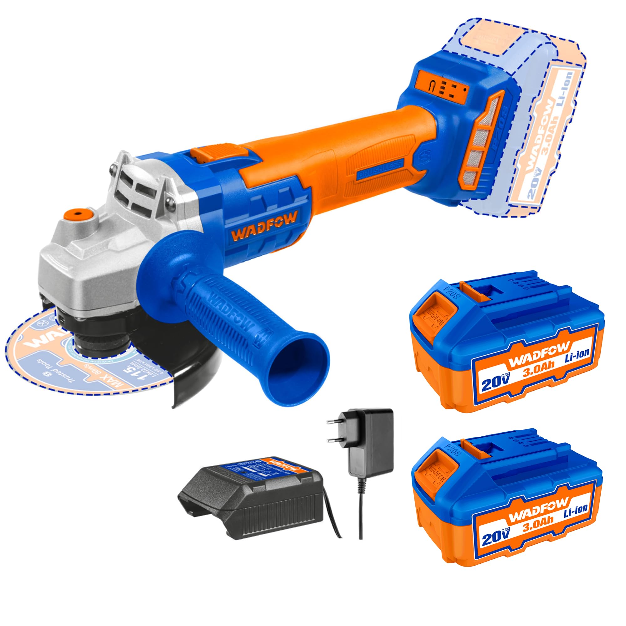 WADFOW 20V Brushless Angle Grinder, With 2 pcs 3.0Ah Batteries, Brushless Motor, M10, 4" Disc(100mm), 1*Charger, Professional Cordless Grinder Machine, for Cutting and Grinding