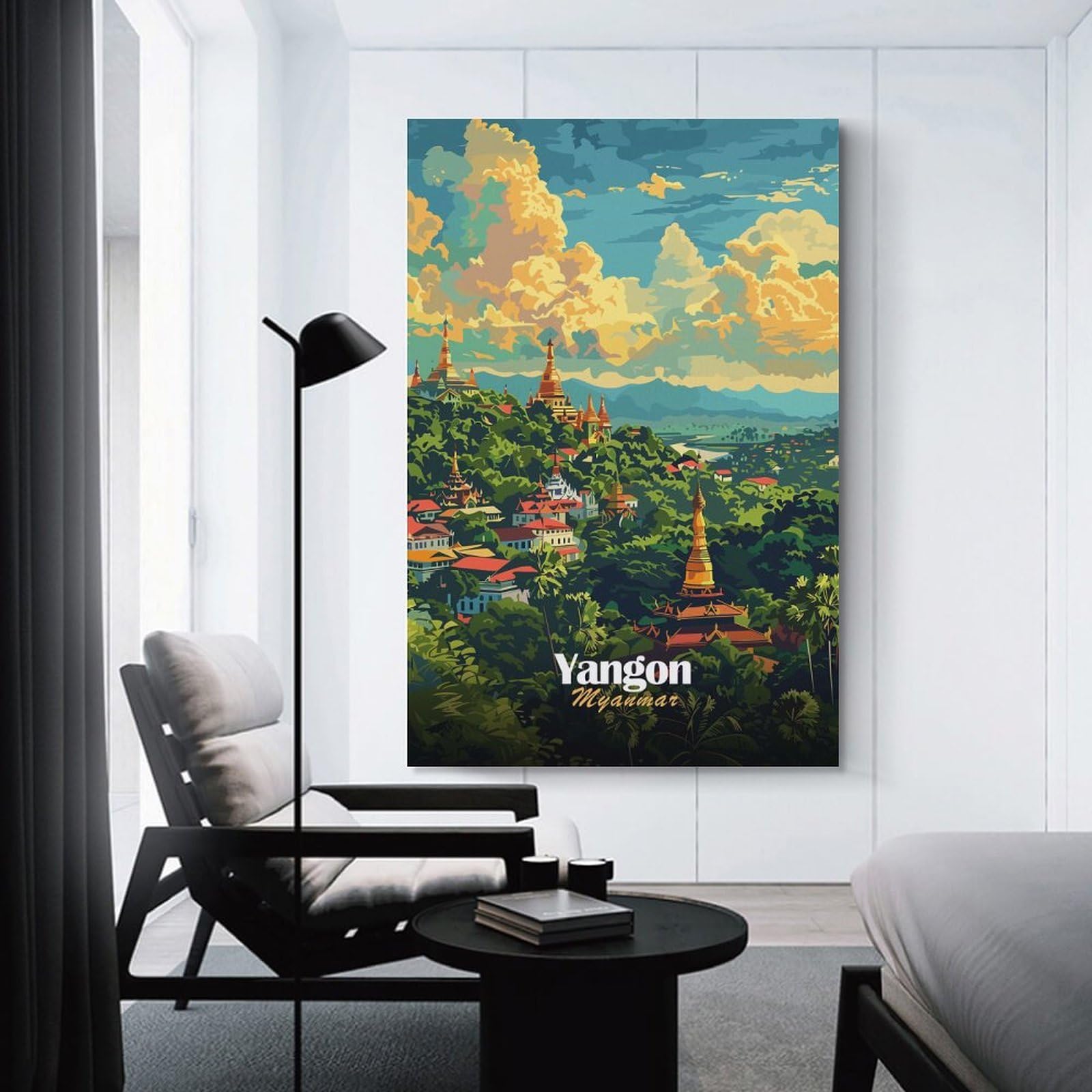 Junmoney Yangon, Myanmar Cityscape Hanging Wall Art 24x36inch(60x90cm), for New Homes, Bedrooms Or Workspaces, Thoughtful Wall Decor for Art Lovers