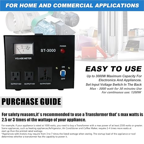 YaeCCC ST-3000 Voltage Transformer Converter Regulator with Voltage Meter - Step Up/Down - 110V/220V - Circuit Breaker Protection