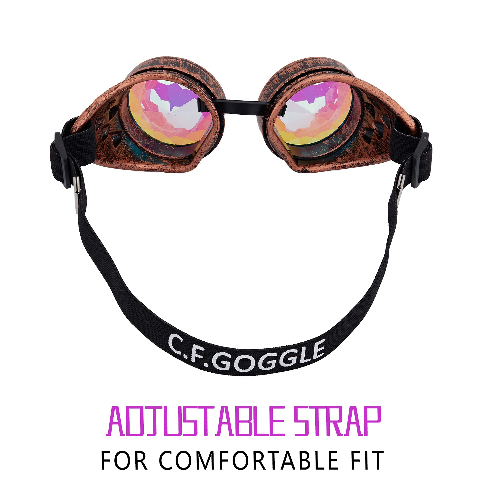 OMGREAT Kaleidoscope Glasses for Raves Steampunk Goggles with Rainbow Prism Diffraction Crystal Lenses, Red Copper - Image 3