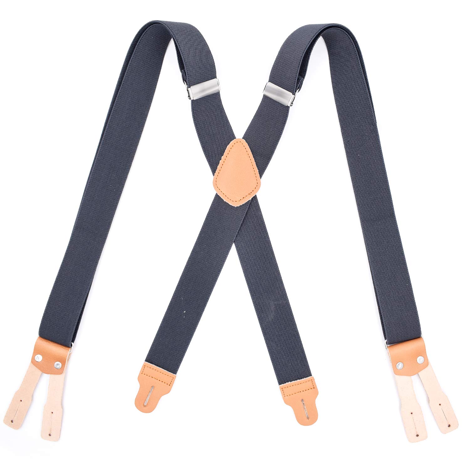 SpaRcz Men's Split Button Braces X Shape Trimmed Button End Tuxedo Adjustable Straps Elastic Suspenders 1.4" wide DM-55 (Grey)