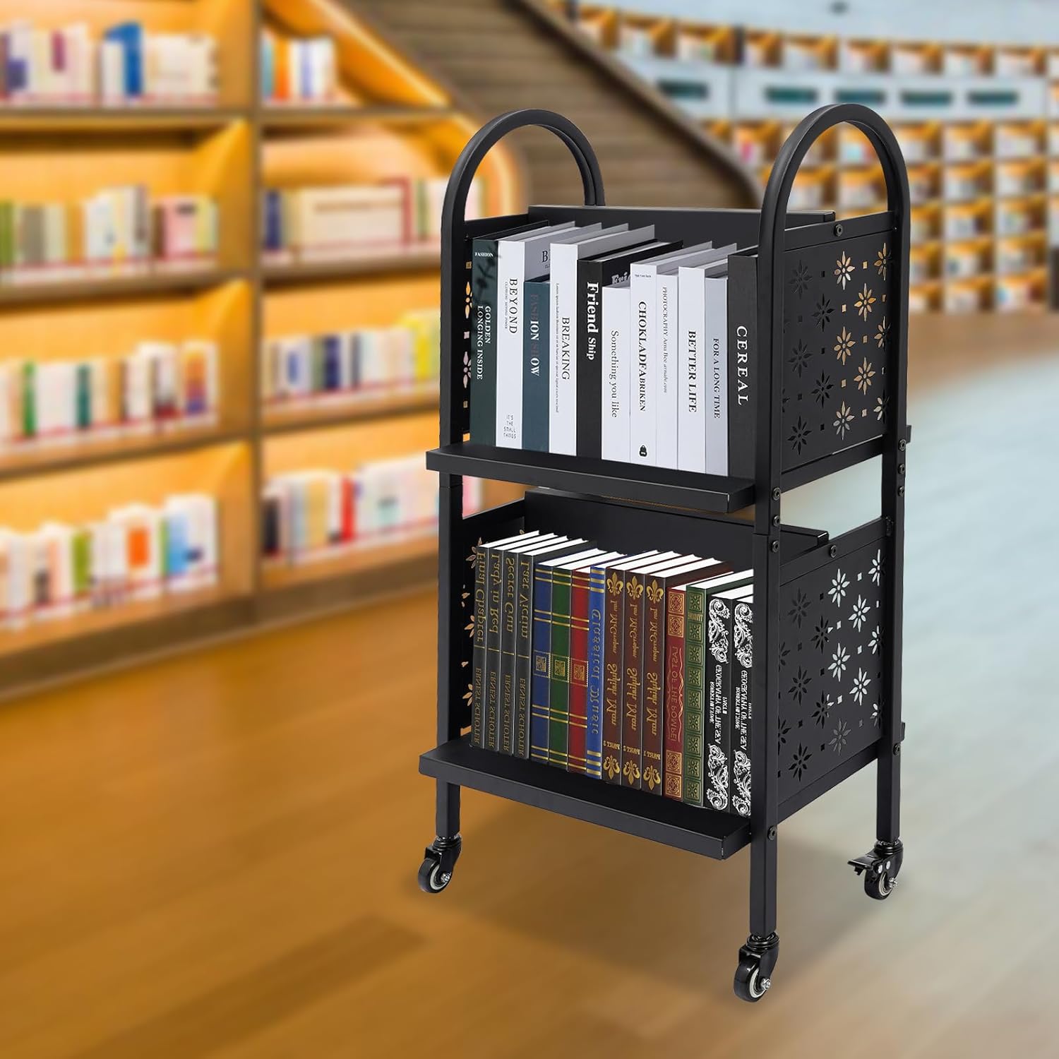 Rolling Library Book Cart, Office Book Cart with 4 Lockable Wheels Rolling Bookshelf, 34" Tall and Doubl Library Book Cart Bookcase for Home Shelves,Office,School (Black)