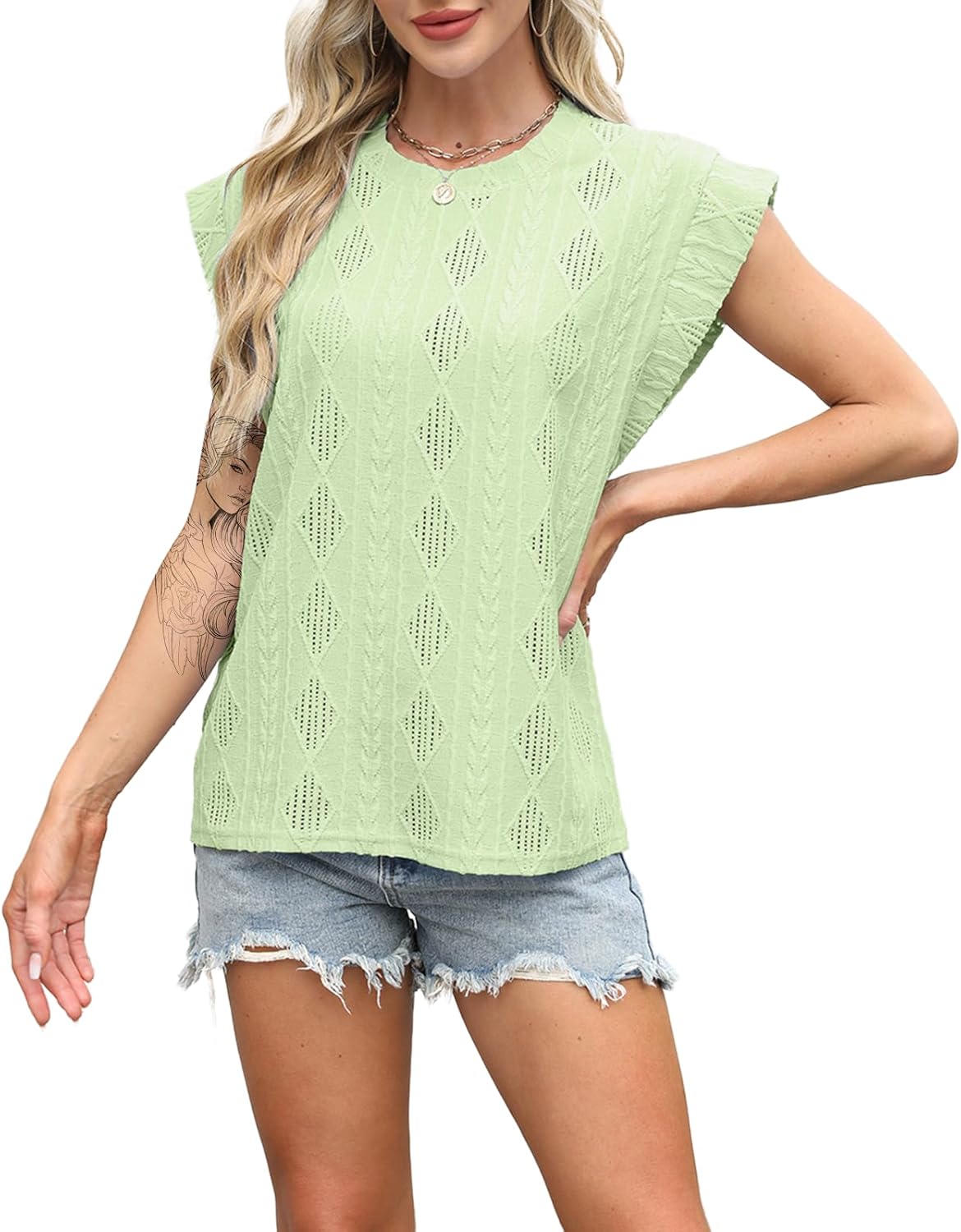 Casual Tops for Women Loose Cap Sleeve Crewneck T Shirts Crochet Knit Texture Tank Top Summer Lightweight Blouses