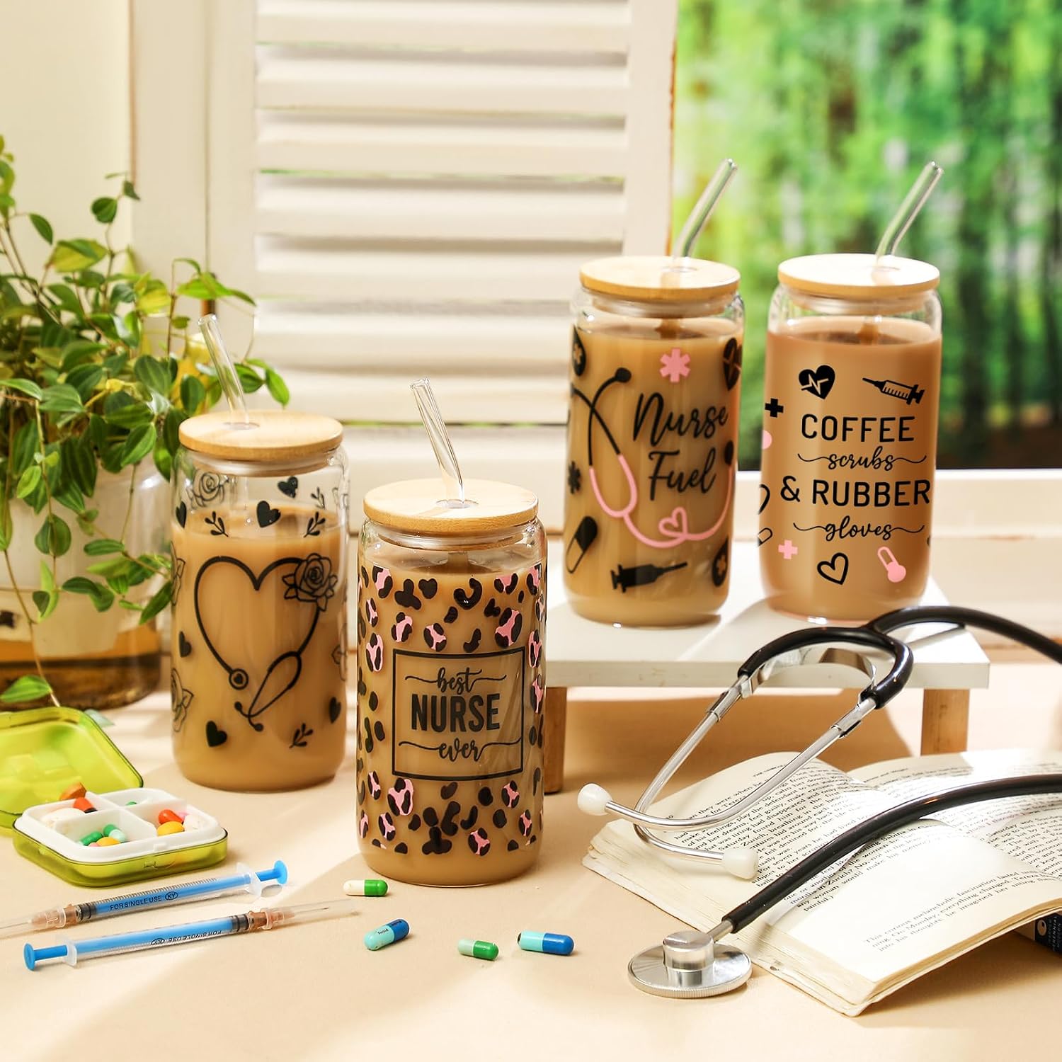 SiliFine 4 Pcs Nurse Gifts Bulk 16 oz Nurse Glass Cups with Lid and Straw Xmas Drinking Can Shape Coffee Glass Tumbler Cup for Nursing Appreciation Party Favor Gifts