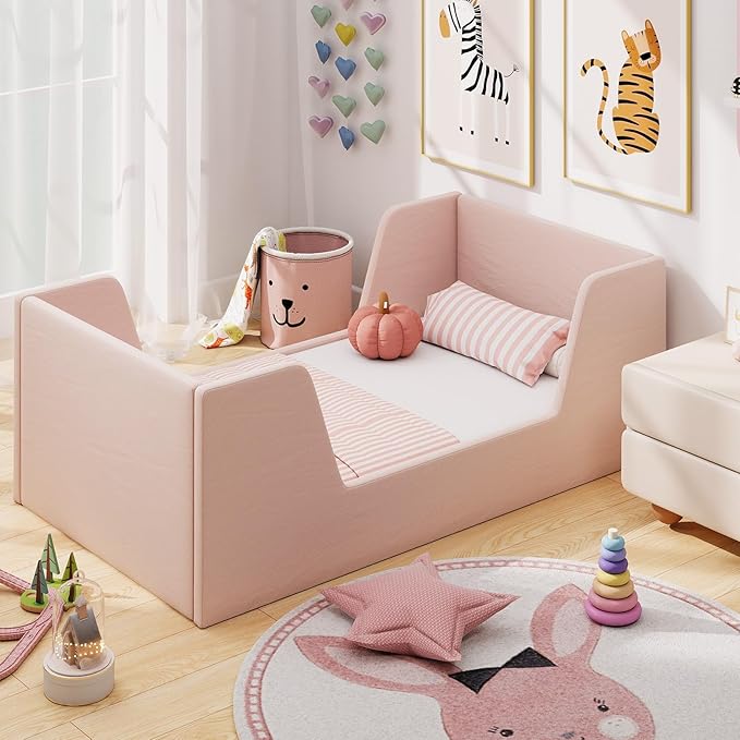 Cama Toddler Costzon de terciopelo con barandales de seguridad, rosa miniatura 3
