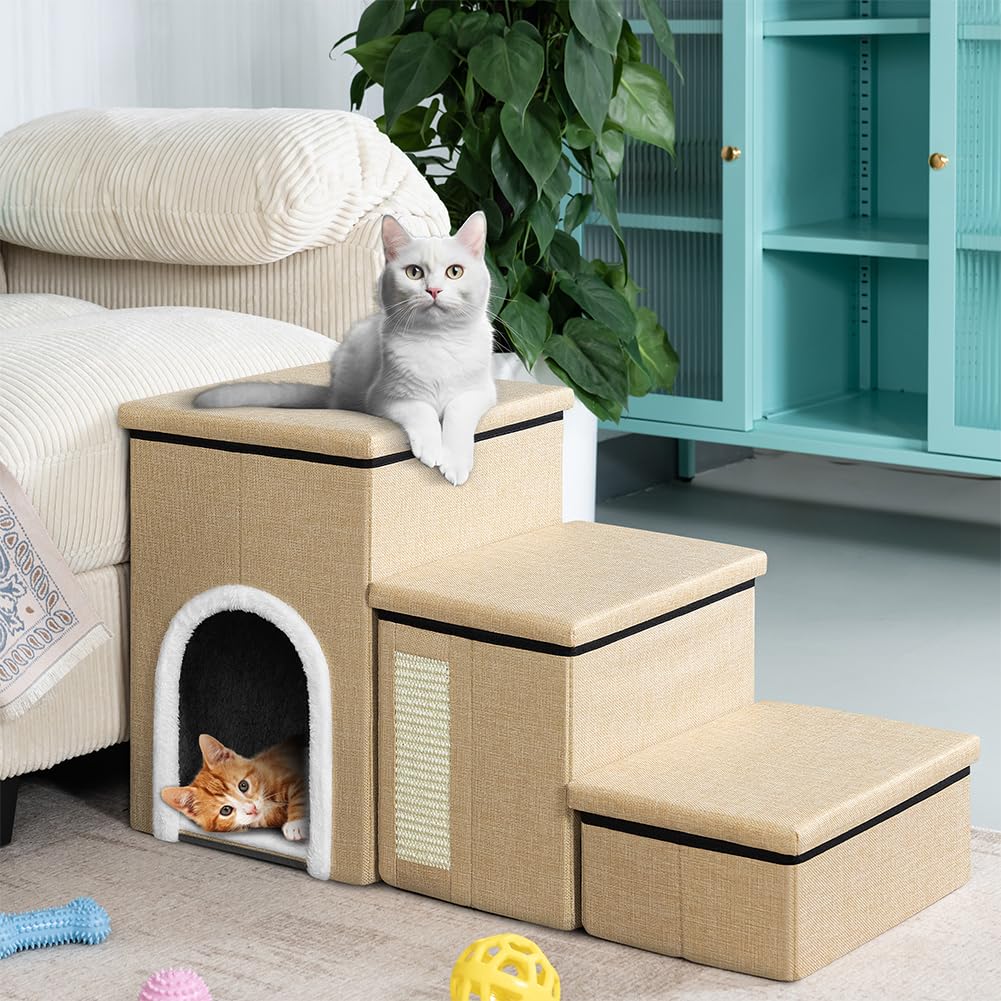 BAKAJI Scale per Cani e Gatti 3in1 Pieghevole in Poliestere Beige, Scala per Animali Domestici Multifunzione, Scaletta Vano Contenitore e Cuccia Casetta, Gradini Ergonomiche, Fondo Antiscivolo