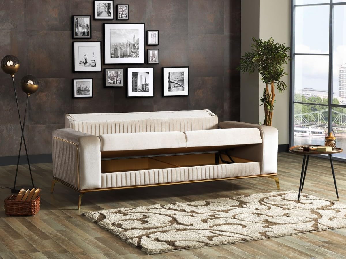 Casa Padrino Luksusowa sofa rozkładana kremowy/brązowy/złoty 225 x 92 x szer. 83 cm - sofa do salonu z 3 poduszkami - luksusowe meble do salonu