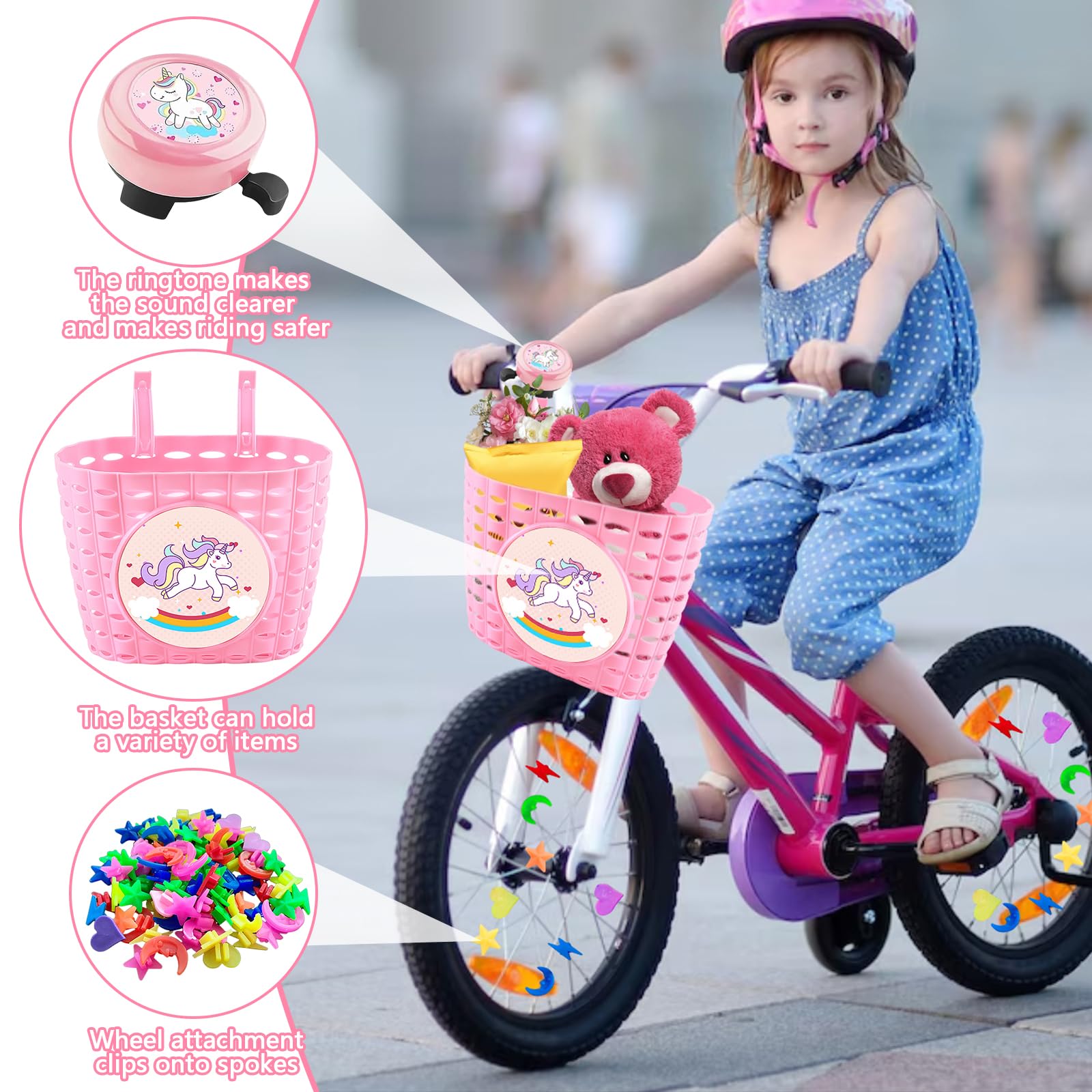 Cesta Para Bicicleta Infantil Con Unicornio - Incluye Timbre, Extraíble, Impermeable, Color Rosa