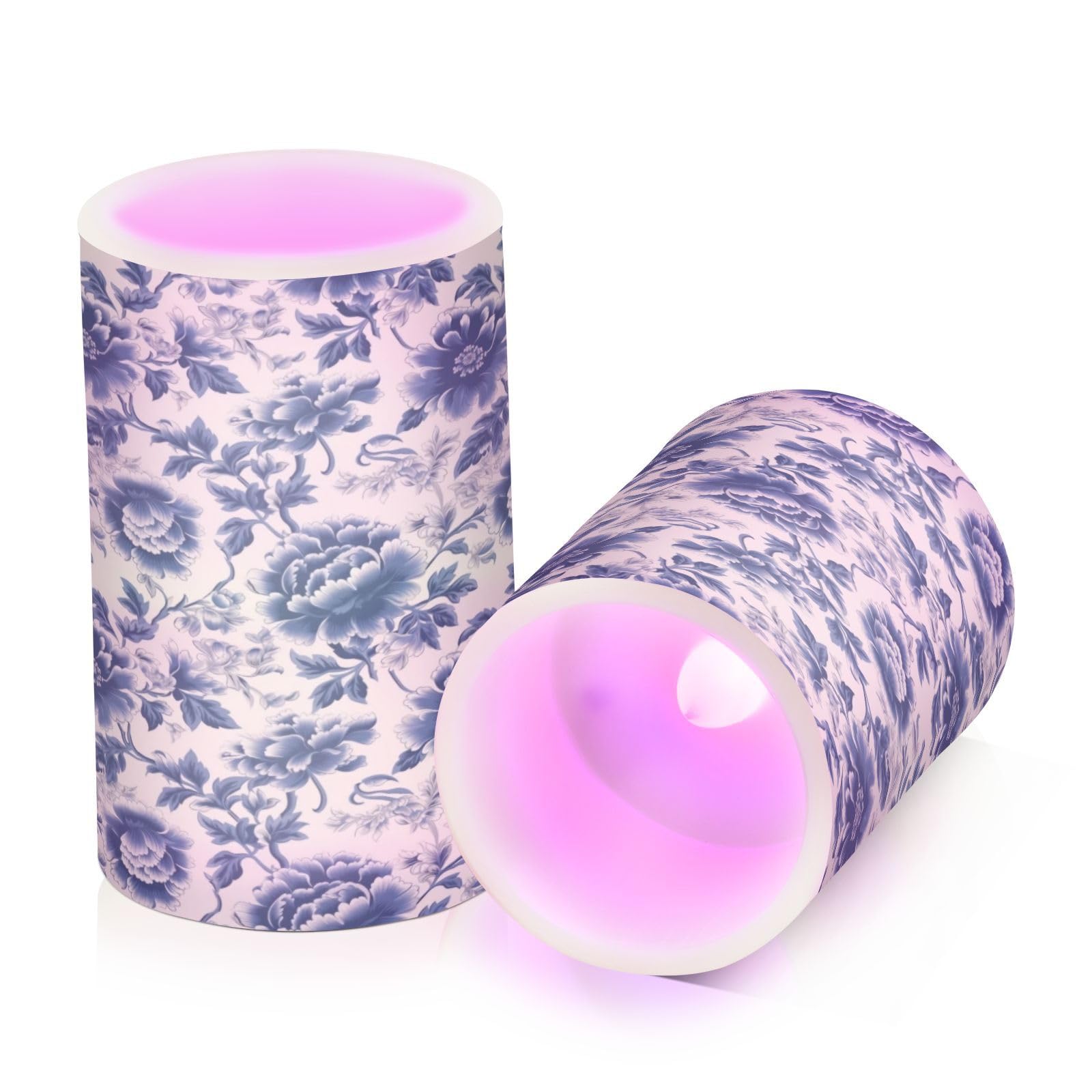 ALAZA Navy Blue Floral Flickering Flameless Candles Battery Operated with Remote Timer,Tea Light Candles LED Pillar Votive Candles set of 2 for Outdoor Indoor Decorations
